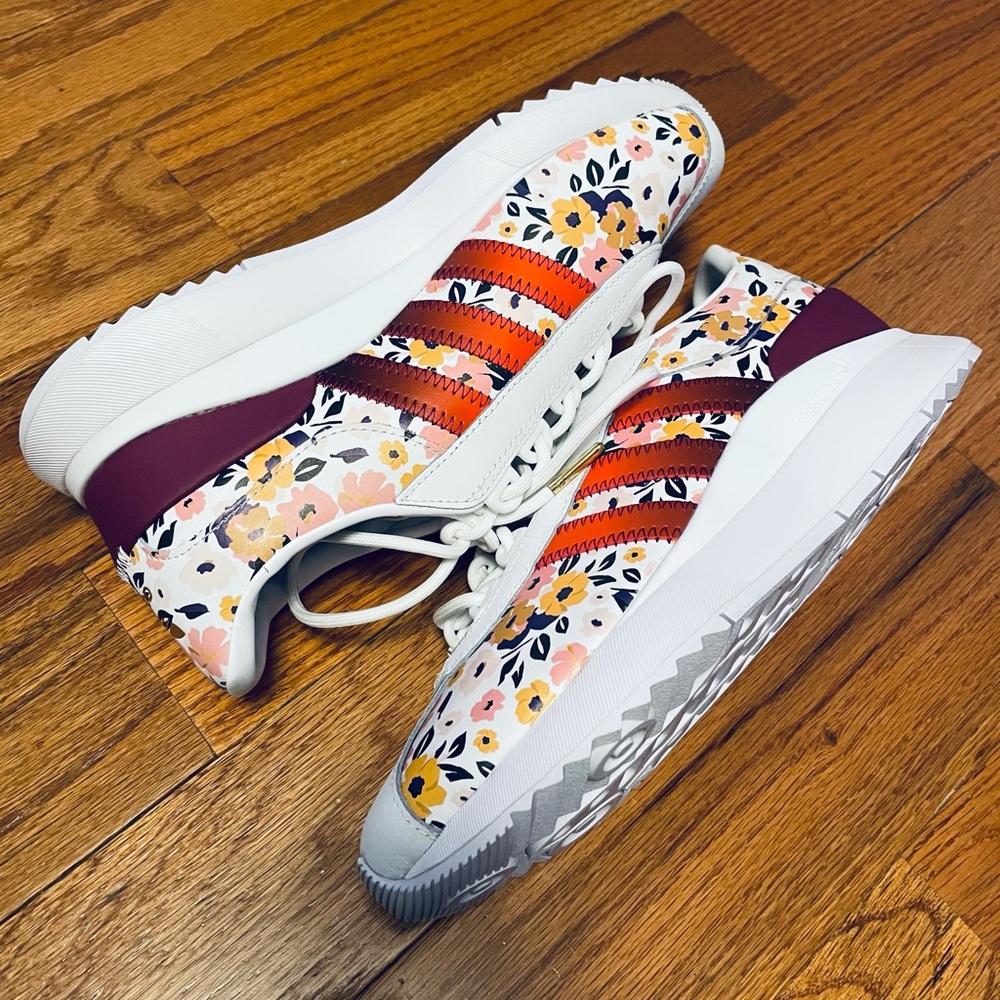 adidas Women's White Sneakers with Floral Print and Orange Stripes - Picture 10 of 12